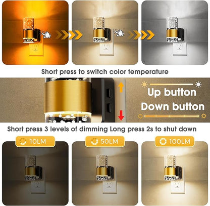 Night Lights Plug into Wall, Dimmable Night Light with Dusk-to-Dawn Light Sensor, Soft White/Cool White/Amber 3 Light Color, Adjustable Brightness, Rotatable plug, Bubble Nightlight for Hallway