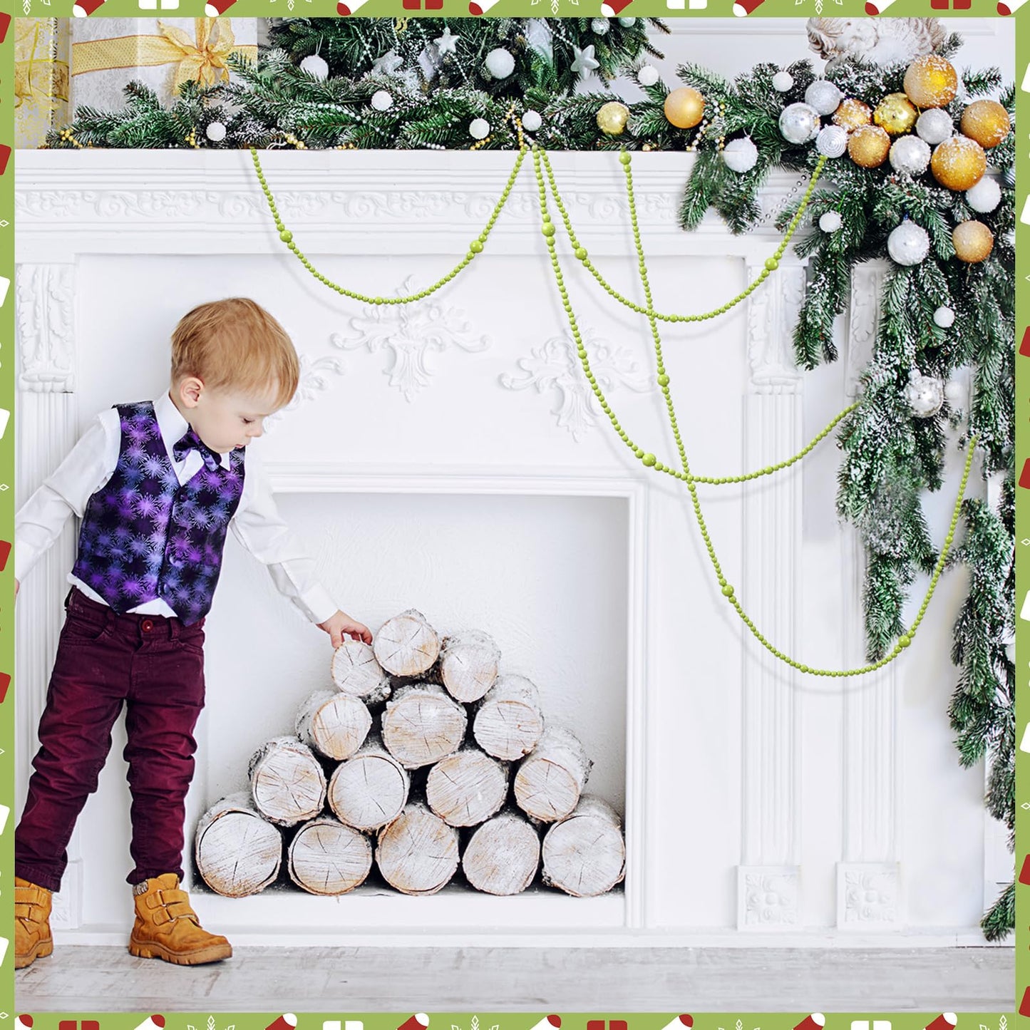 12 Feet Summer Christmas Wooden Beads Garland Round Craft Farmhouse Vintage Christmas in July Wood Bead Garlands for Xmas Supplies(Green)