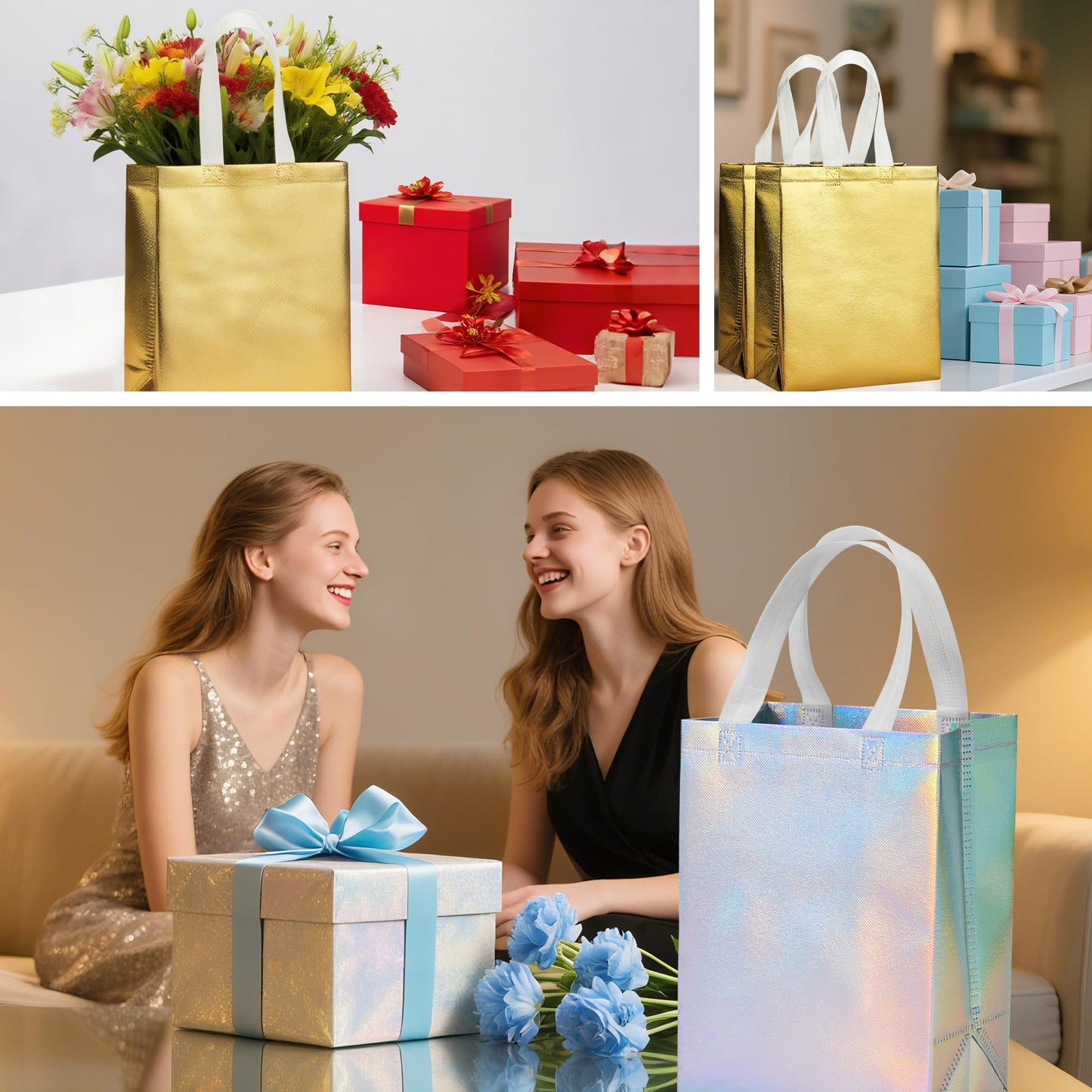 METAPRINT 15 Pcs Iridescent Glossy Gift Bags Medium Size, 8x4x10 Inch Holographic Reusable Gift Bags with Handles & Sturdy Base, Ideal for Birthday, Wedding