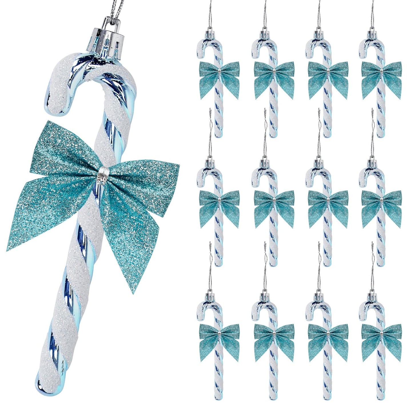 12 Pcs Candy Cane Christmas Decorations,5.5inch Glitter Candy Cane Bows for Xmas Tree Hanging Ornament Holiday Festival Party Home Decoration (Ice Blue)