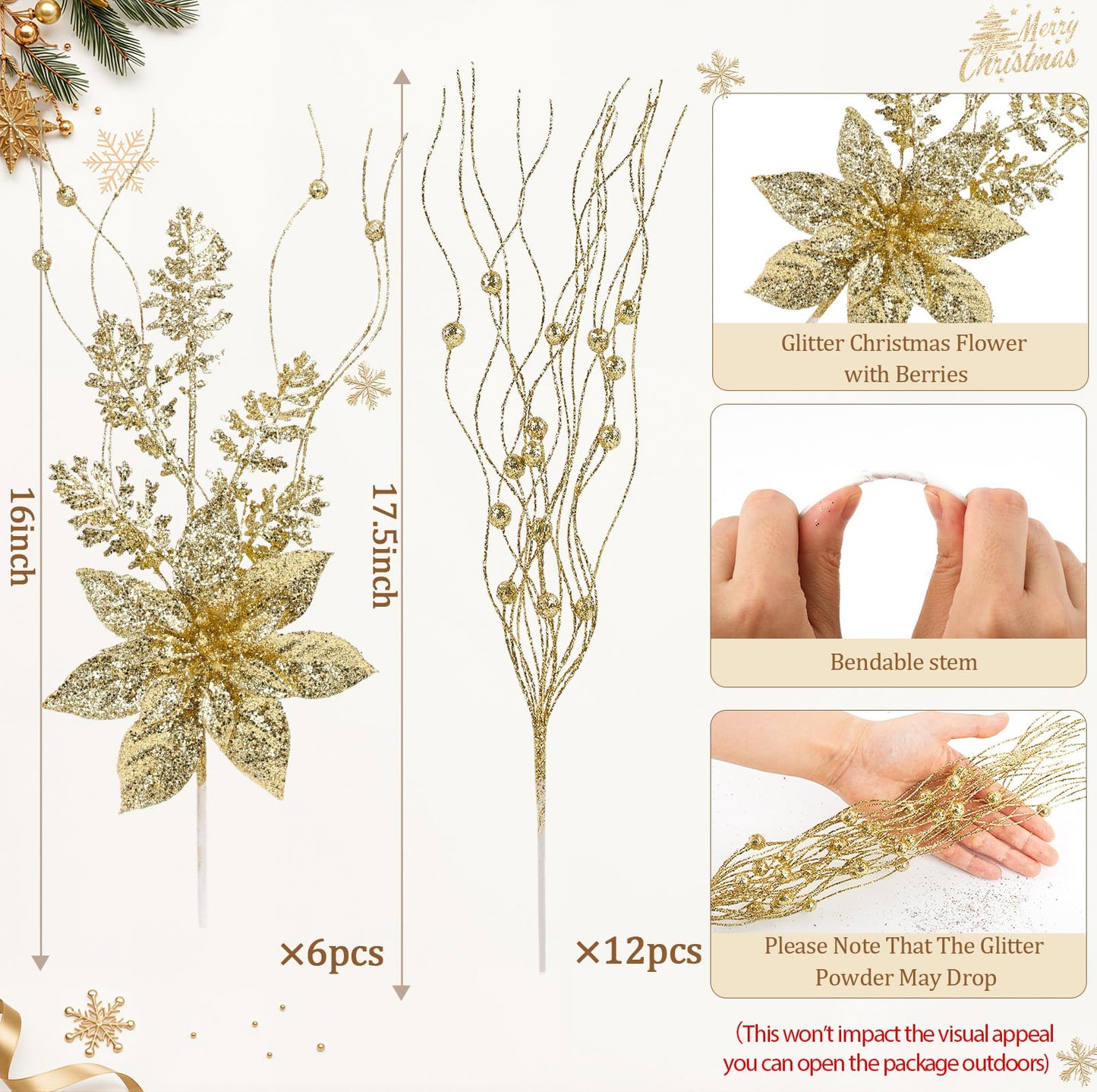 N&T NIETING 18Pack Christmas Tree Decorations Picks and Sprays, Artificial Flowers Glitter Berry Stems Twigs Branches Ornaments for Xmas Tree Vase Filler Holiday Wedding Party Home Decor (Gold)