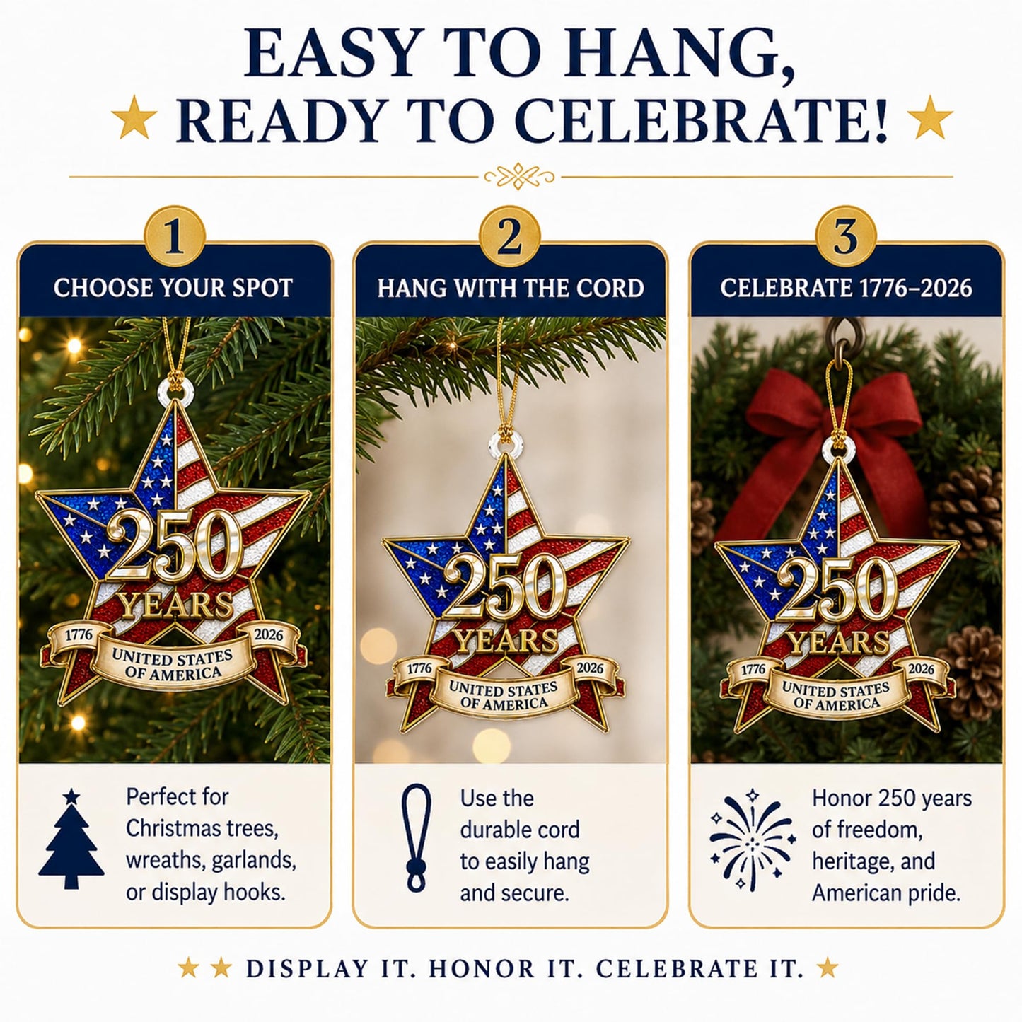 250th Anniversary USA Ornament 1776-2026, Patriotic Acrylic Star Ornament, Double Sided USA 250th Anniversary Merchandise, Patriotic Decoration for 4th of July, Independence Day