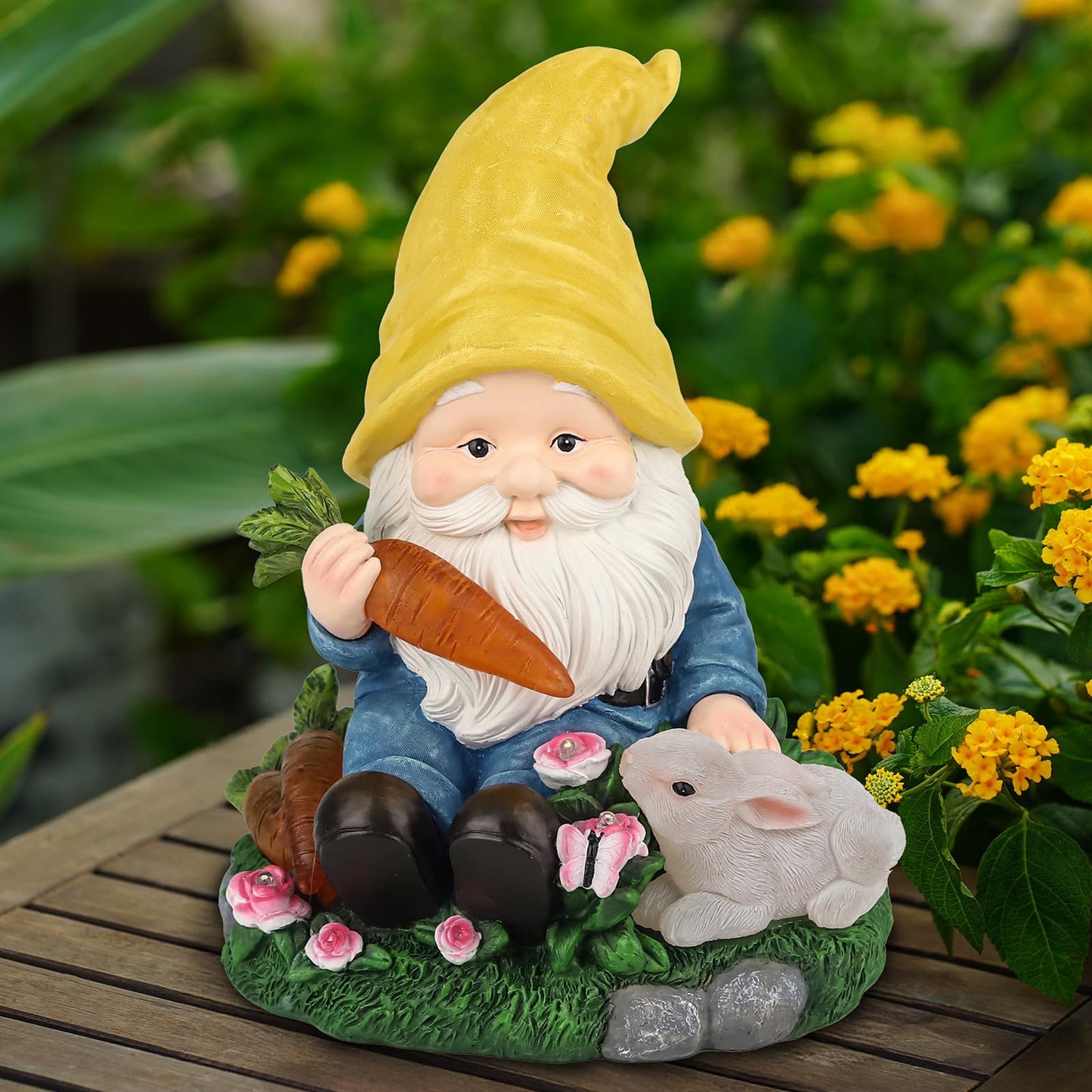 NATASE Solar Garden Outdoor Statues Gnome Feeding Rabbit with 6 LED Lawn Decor Outside Decorations for Patio, Balcony, Yard Ornament Unique Garden Gift