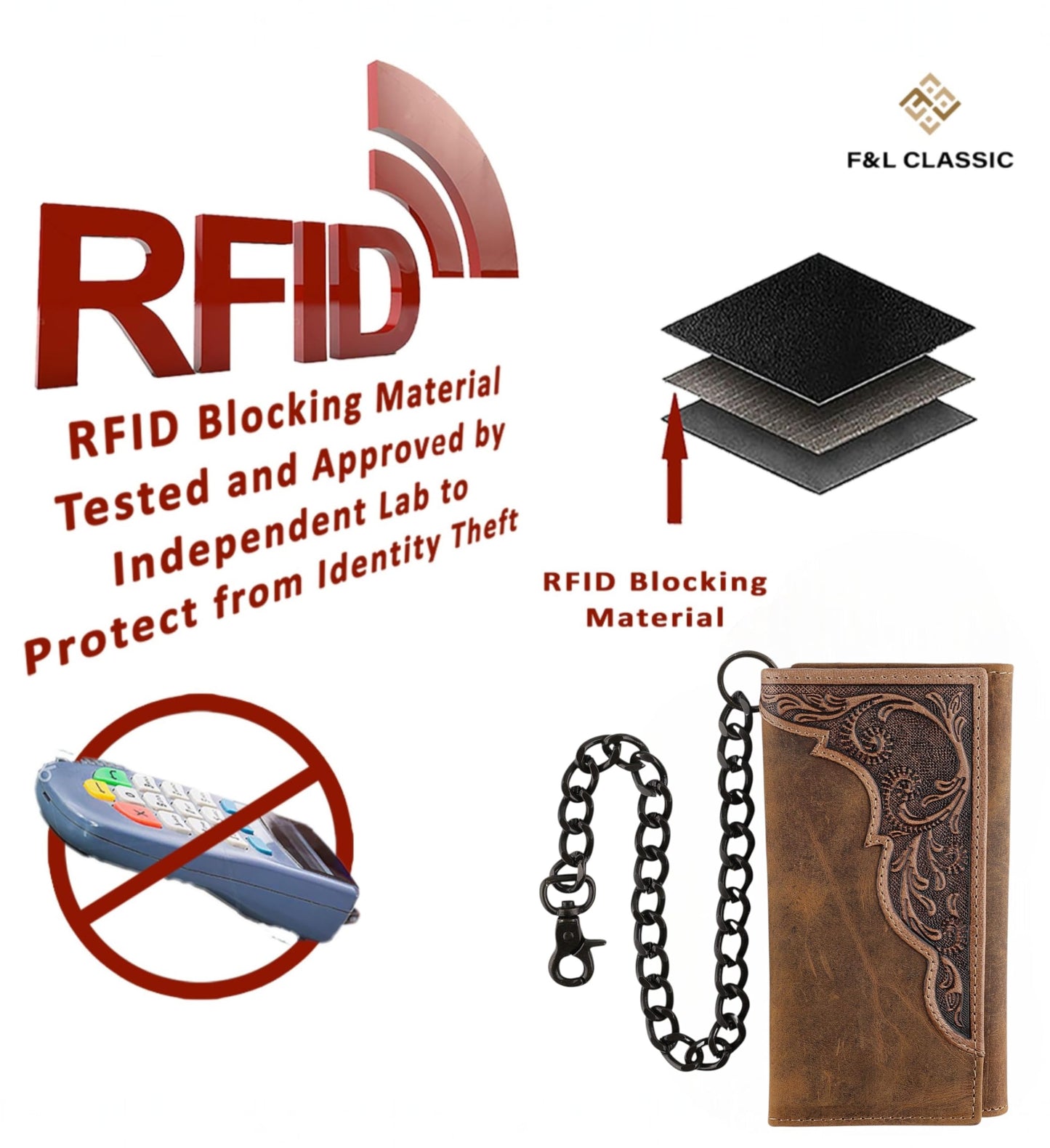 F&L CLASSIC RFID Blocking Mens Tri-fold Long Style Cowhide Leather Steel Chain Wallet,brown western,212-83