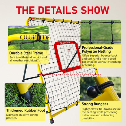 3x3.5 ft Baseball Pitchback Net, Rebounder Net, Solo Training Net, Pitching Return Trainer, Four Quick-Switch Return Angles, Yellow, Great for Kids and Youth