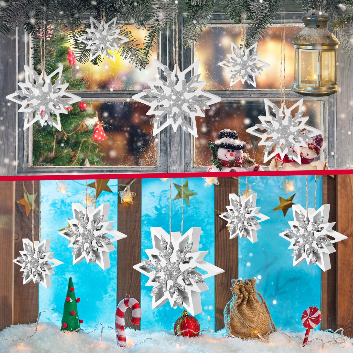 Suzile 5 Pcs Large Christmas Thick Wooden Snowflake Decorations Winter Glitter Snowflake Wood Ornaments Farmhouse Centerpieces Table Signs for Xmas Home Office Table Mantel Fireplace Shelf