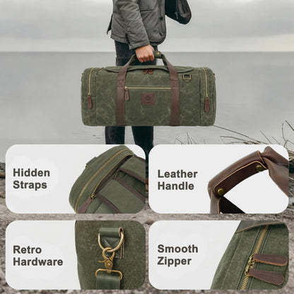 Densata Duffle Bag for Travel, 50L Waxed Canvas Duffle Bag Vintage Travel Bag Overnight Bag with Shoes Compartment Men (Vintage Grey, Large-50L)