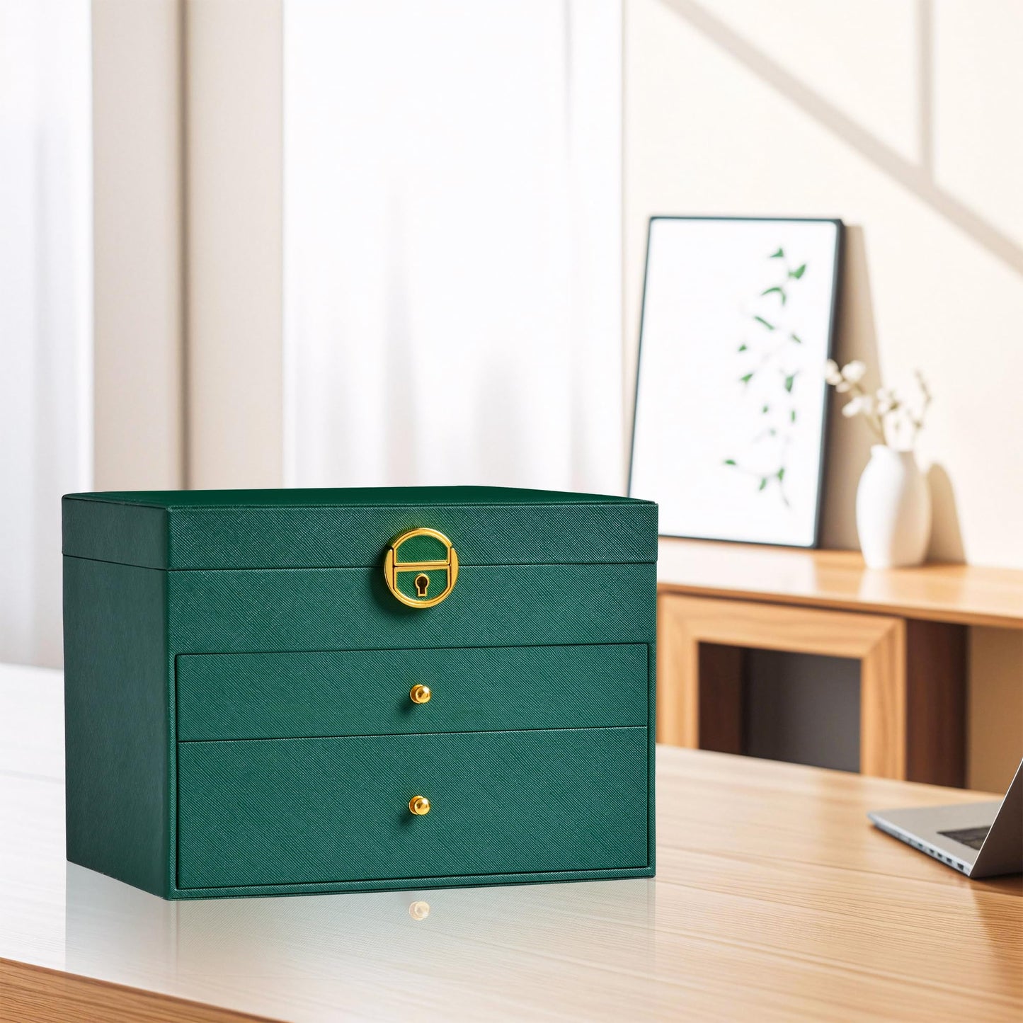 GALHUBIS Jewelry Box, 3 Layers Leather Jewelry Storage Display Box for Women, Gift Case, 2 Drawers, Large Capacity for Necklace Earrings Bracelets Rings,Green