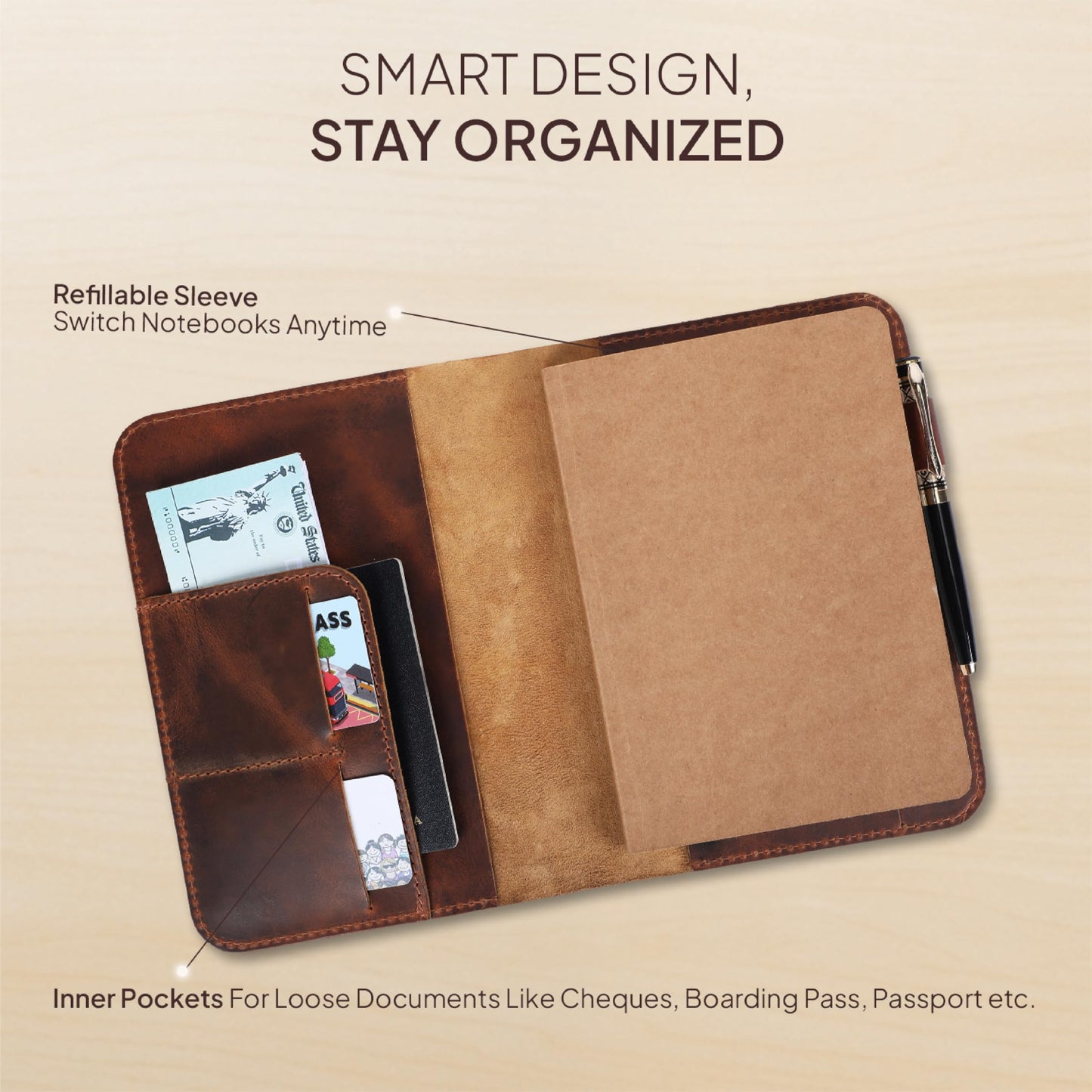 TheAntiq Genuine Leather A5 Journal Cover Refillable Notebook Cover, Fits 5.75 x 8.25 in, Card Slots Pocket & Pen Holder, Handmade Professional Leather Organizer for Men & Women, Travel & Work Diary Cover (Tan)