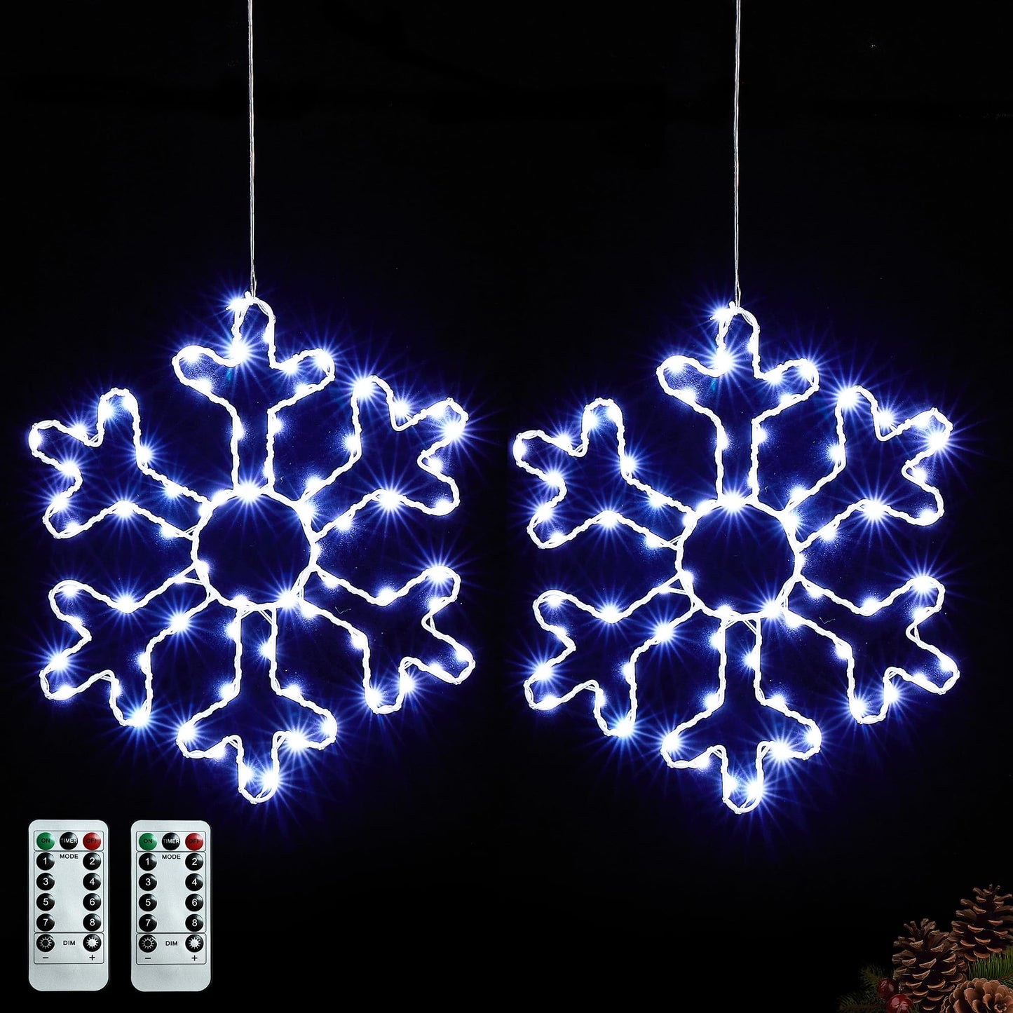 BlcTec 2 Pack Big Christmas Snowflakes Lights, 13 Inch Durable Metal Frame Snowflakes with Remote Control, 8 Modes, Timer, Waterproof Battery Operated Snowflake Lights for Christmas Party Decorations