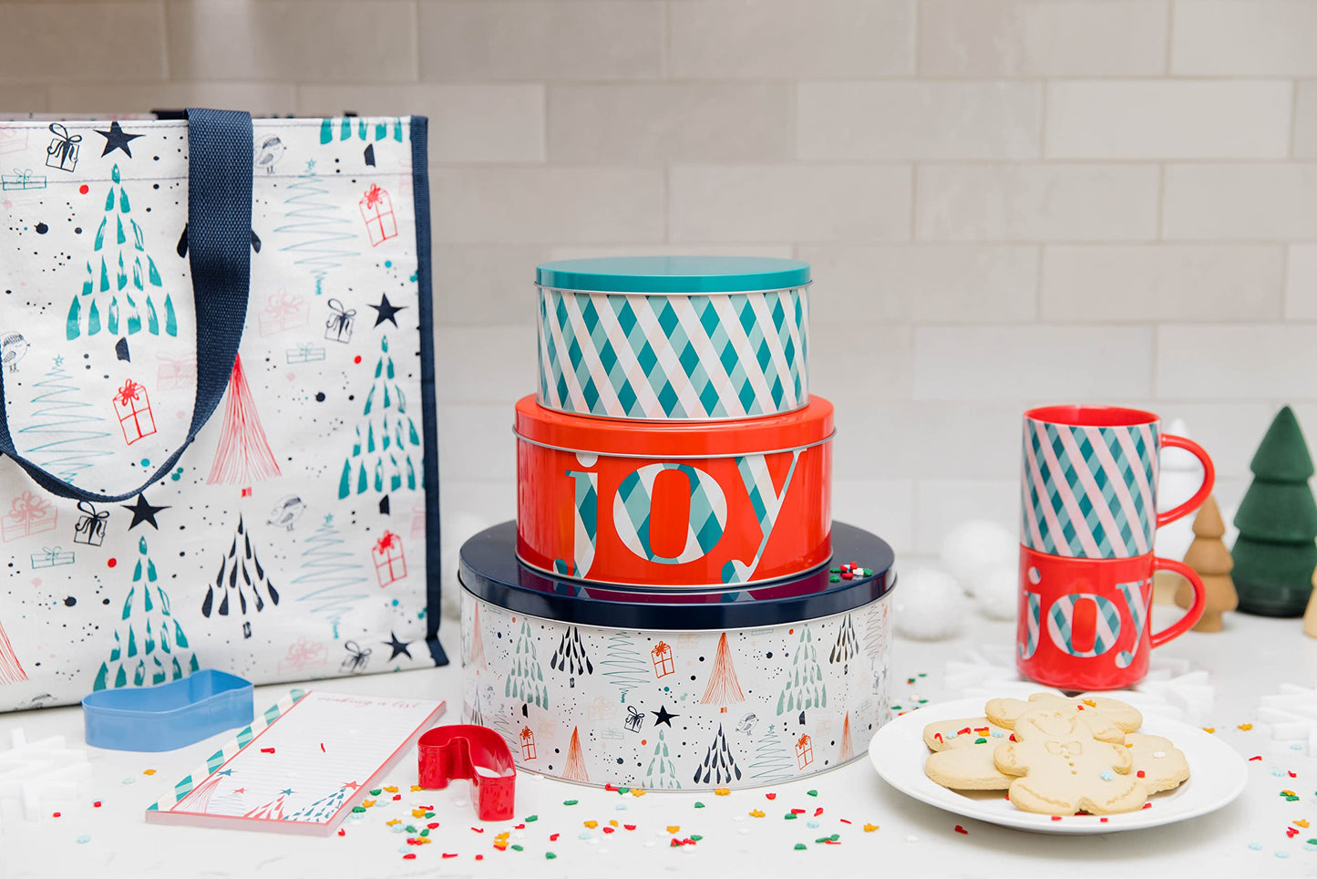 Steel Mill & Co Tin Containers with Lids, 3 Pack Christmas Cookie Tins, Festive Cookie Tins for Gift Giving & Holiday Treats, Round Metal Nesting Containers, Large Medium Small, Joy Plaid