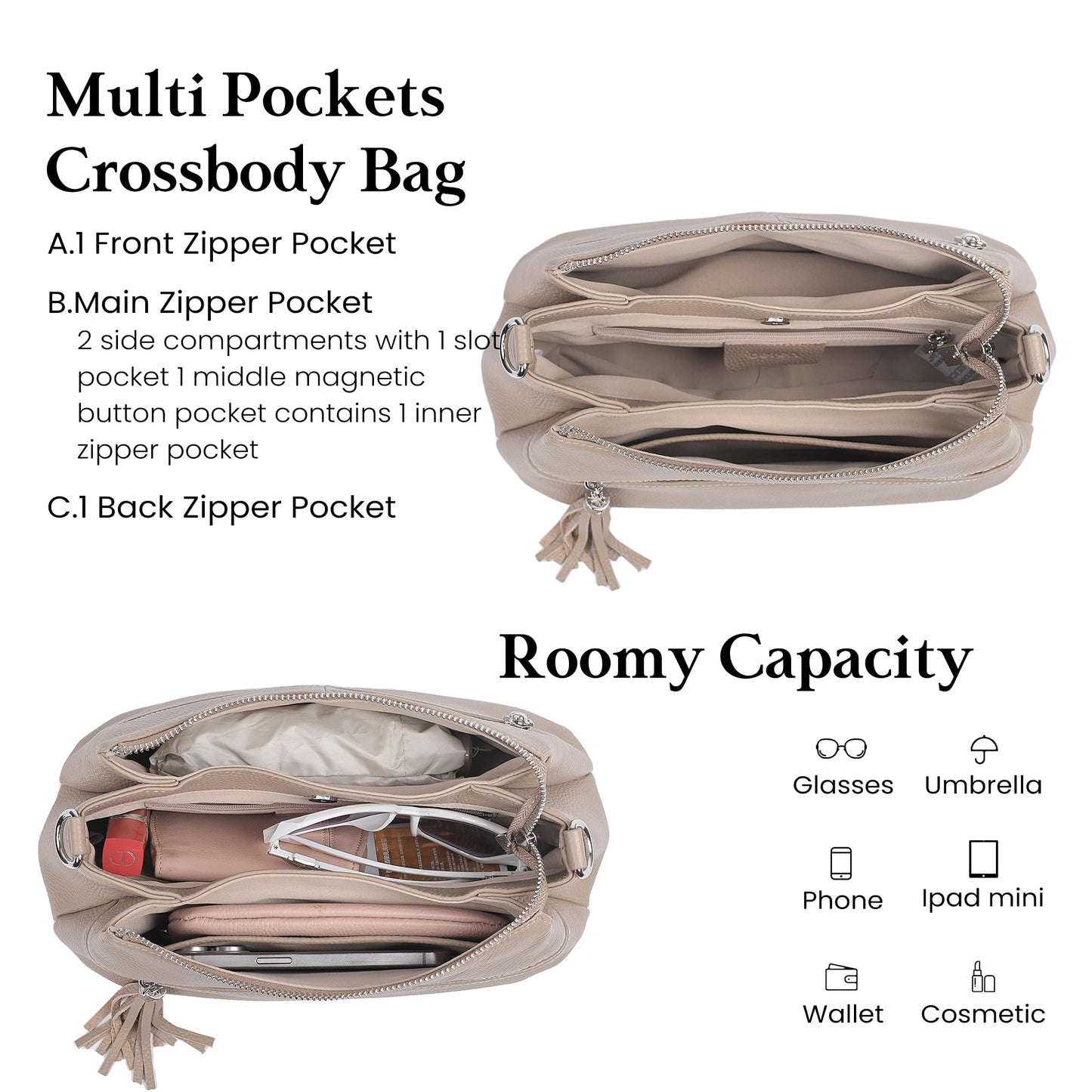 befen Soft Genuine Leather Crossbody Hobo Purses for Women, Women's Shoulder Bags Handbags with 2 Shoulder Straps Tassel