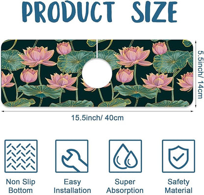 Lotus Pond Pattern Sink Splash Guard Faucet Mat Lotus Flowers Leaves Super