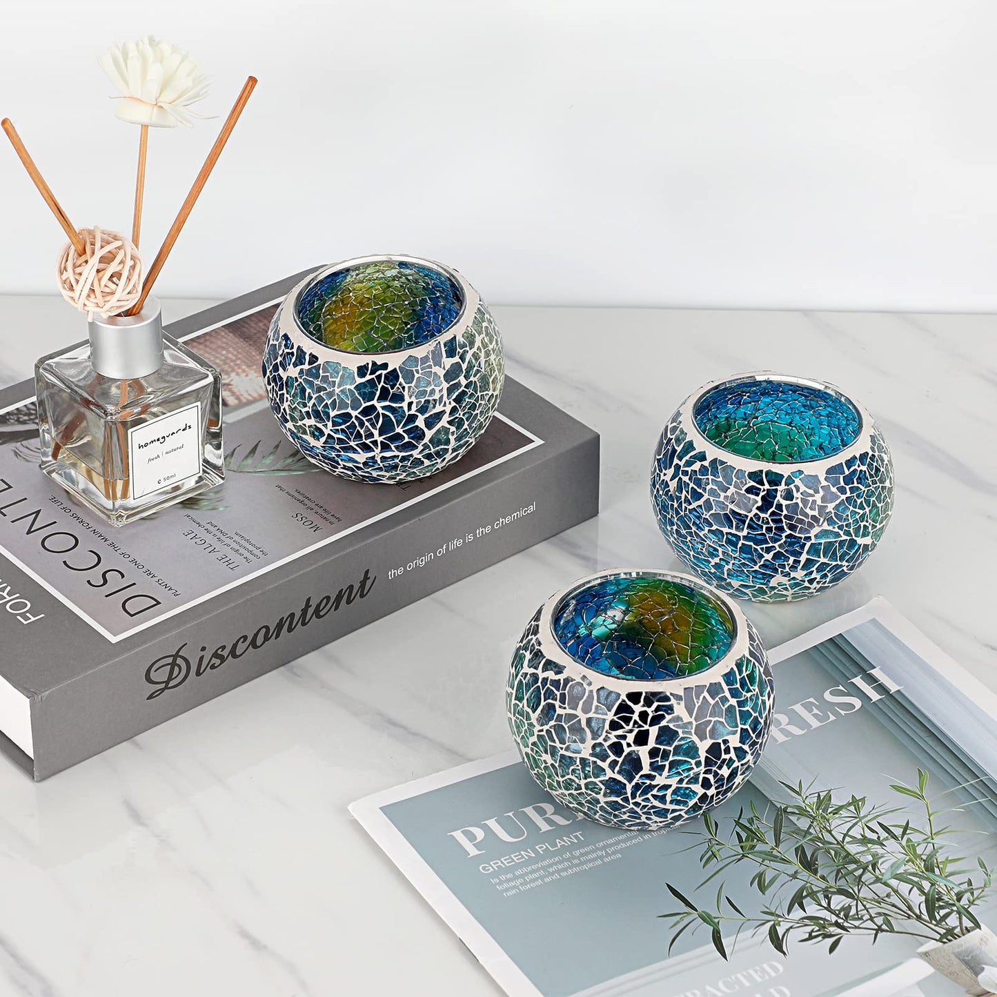 OwnMy Set of 3 Blue Mosaic Glass Tea Light Holders Round Bowl Votive Candle Holders Pillar Candle Stands, Glass Mosaic Tealight Holders Potted Plant Bowl Vase Candle Centerpiece for Table Wedding