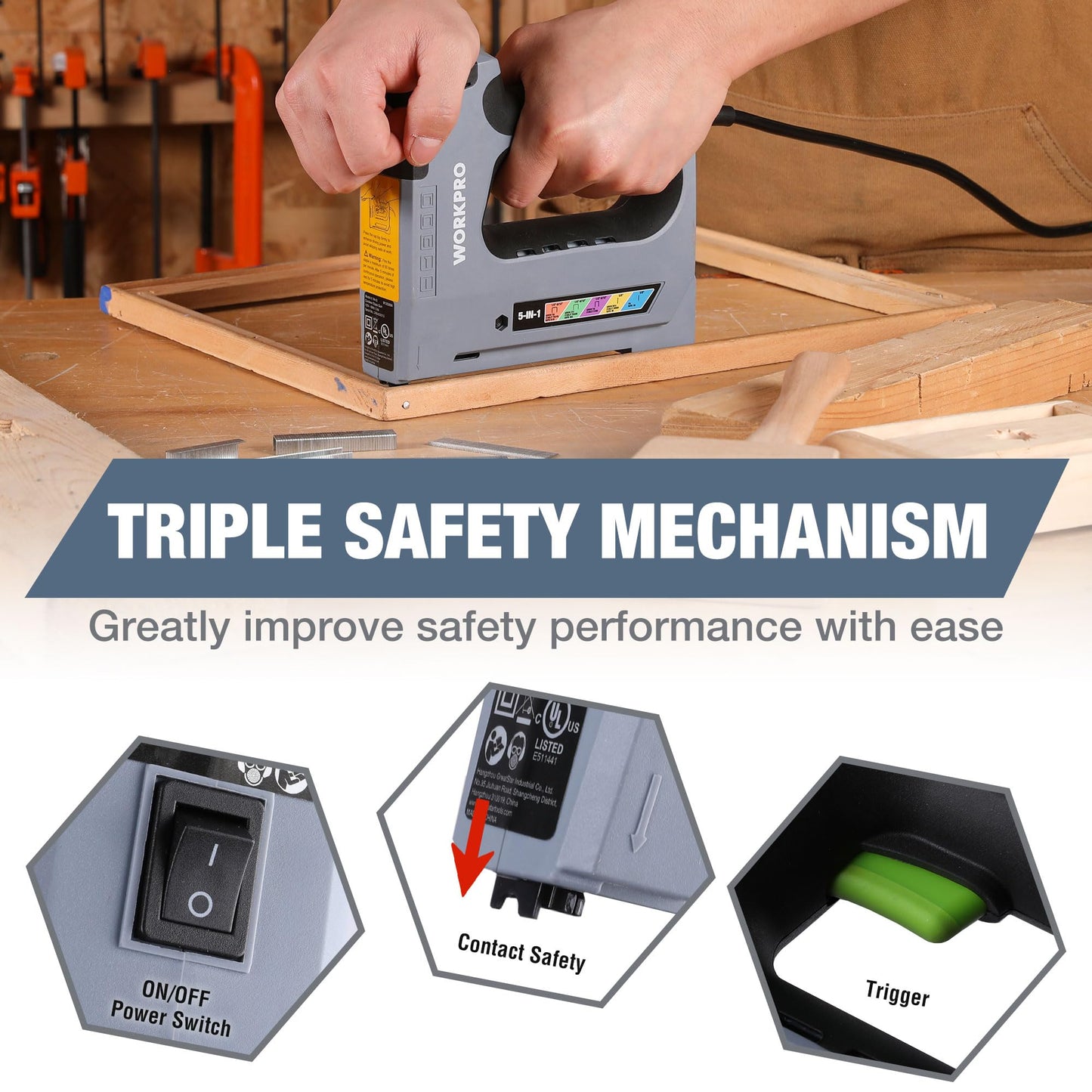 WORKPRO 5 in 1 Staple Gun,110V Corded Brad Nailer with 2000 Staples and Nails, Electric Staple Gun for DIY Project of Woodworking
