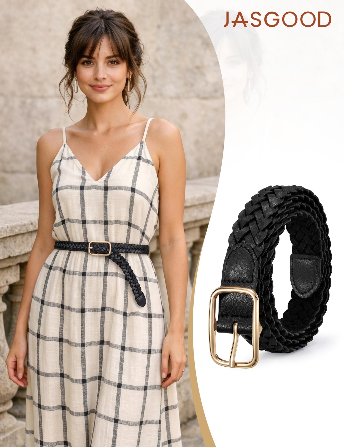 JASGOOD Women Braided Leather Belt Adjustable Plus Size Waist Belt Woven Fashion Casual Belt for Jeans Pants Dresses with Gold Buckle, Black