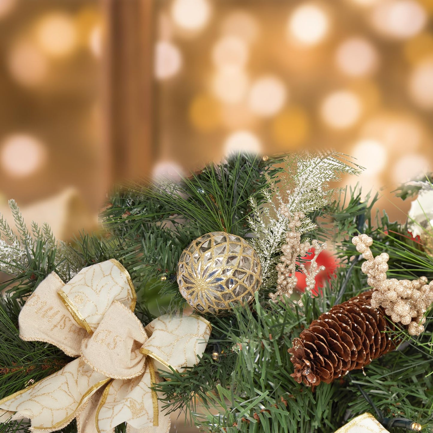 LinTimes Christmas Garland with 20 Led Lights, 6 Ft Pre-Lit Gold Xmas Garland with Faux Antlers Bow-Knot Ball Ornaments, Battery Operated Garland with Timer for Mantle Staircase Table Decoration