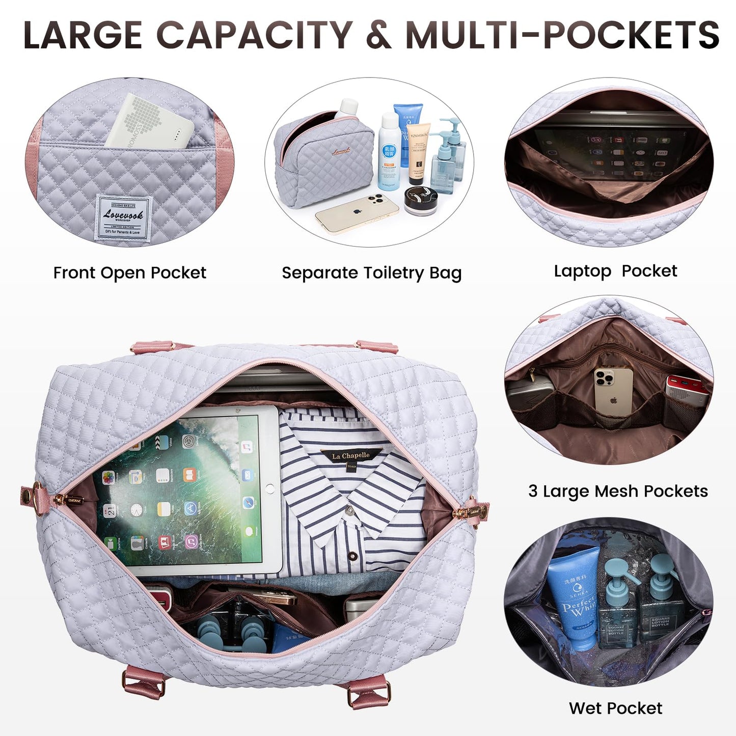 LOVEVOOK Travel Duffle Bag, Weekender Bags for Women with Shoe Compartment, Carry on Overnight Bag with Toiletry Bag, Gym Duffel Bag with Wet Pocket, Hospital Bags for Labor and Delivery