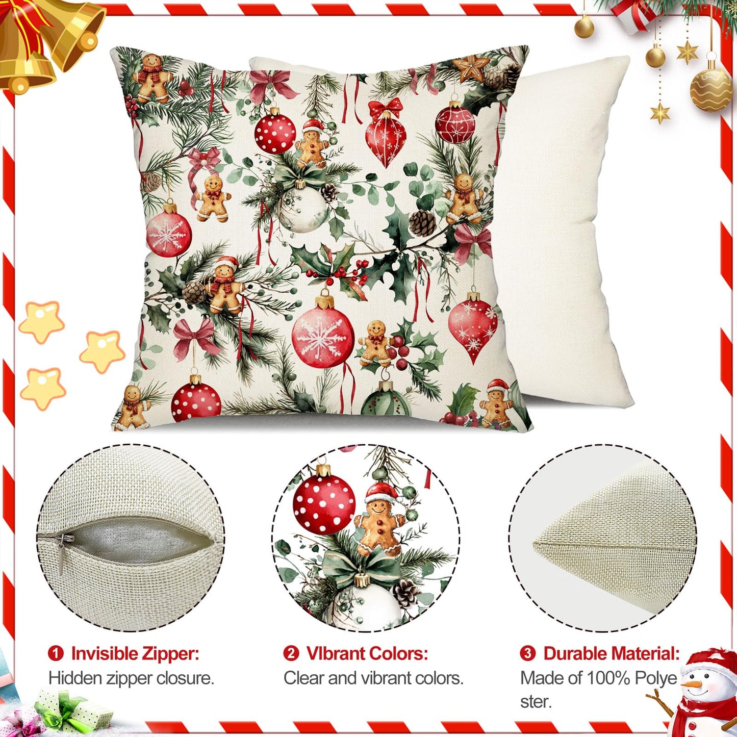 DFXSZ Christmas Pillow Covers 18x18 Inch Set of 2 Pine Branches with Pine Cones Xmas Balls Decorative White Throw Pillows Winter Christmas Decor for Home Couch ST025A18