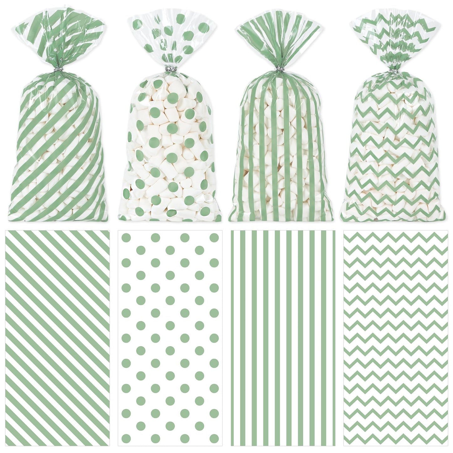 Whaline 160 Pcs Sage Green Cellophane Treat Bags Stripe Wave Dot Plastic Gift Bags Candy Goodie Bag with Twist Ties for Wedding Baby Shower Birthday Party Cookie Snack Packing Supplies, 5.1 x 10.6 Inch