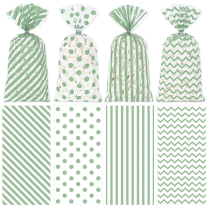 Whaline 160 Pcs Sage Green Cellophane Treat Bags Stripe Wave Dot Plastic Gift Bags Candy Goodie Bag with Twist Ties for Wedding Baby Shower Birthday Party Cookie Snack Packing Supplies, 5.1 x 10.6 Inch
