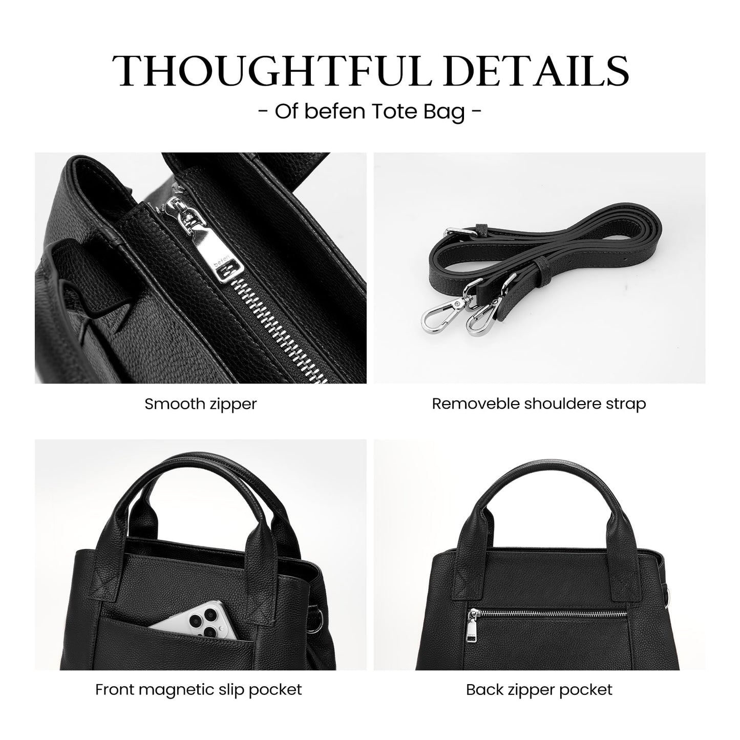 befen Black Leather Tote Bag for Women Trendy, Womens Top Handle Purse Crossbody Shoulder Handbags for Work, Travel, Office, Outdoor