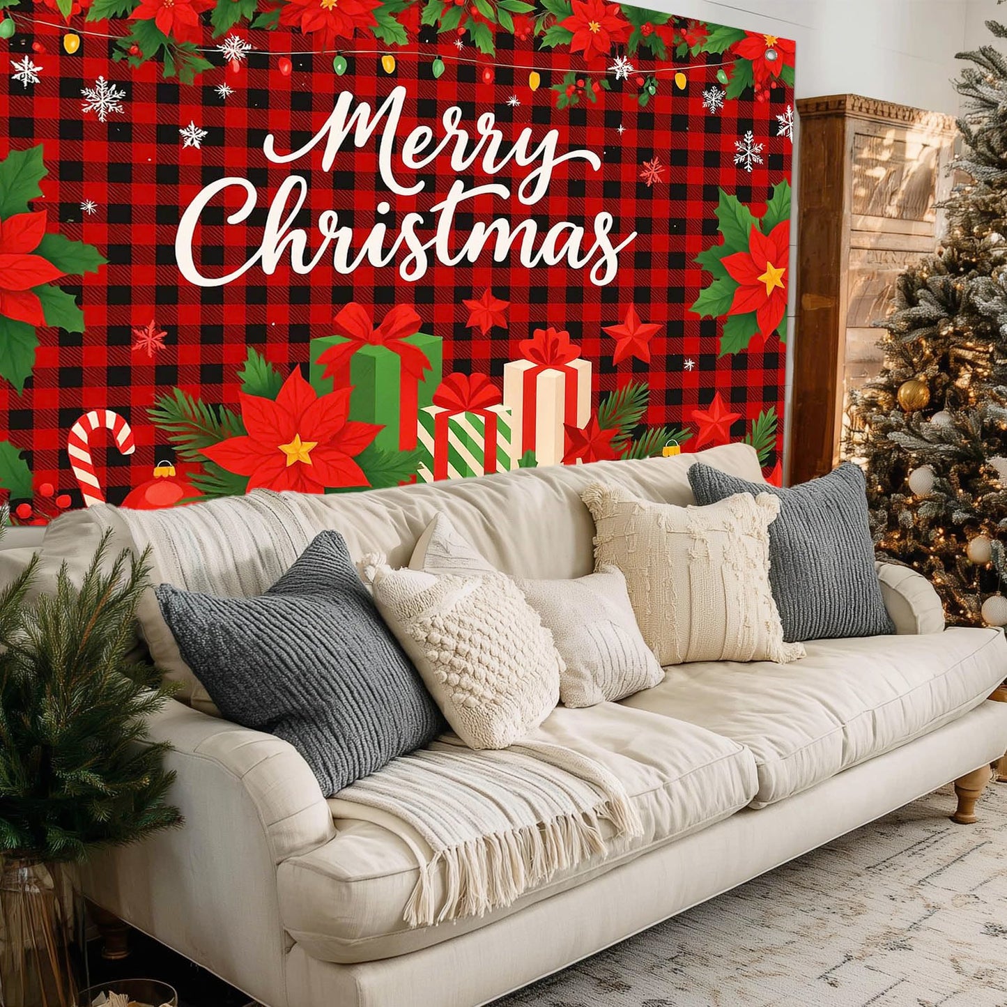 HOMETITUTE Red Black Plaid Merry Christmas Backdrop 8×6ft Holiday Photo Background Buffalo Check Party Decoration Banner with Gifts Poinsettia Greenery and Snowflakes