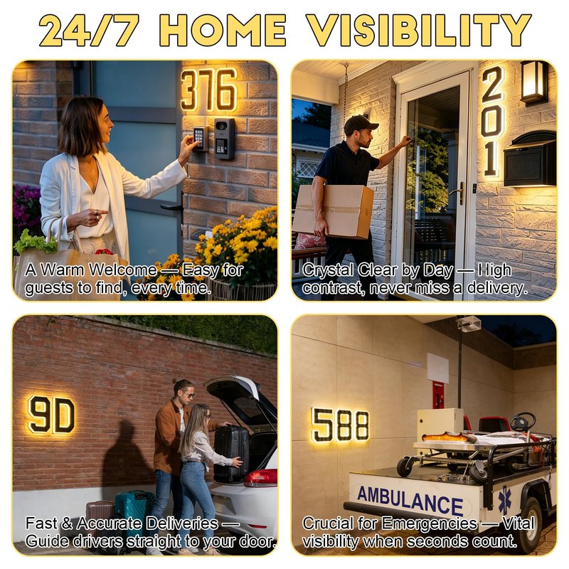 2026 New Solar House Numbers for Outside, Light Up Address Numbers for House, No Drill Adhesive or Screw Mount, IP65 Waterproof LED Illuminated Modern Address Sign, Dusk to Dawn (0, 6.7 inch)