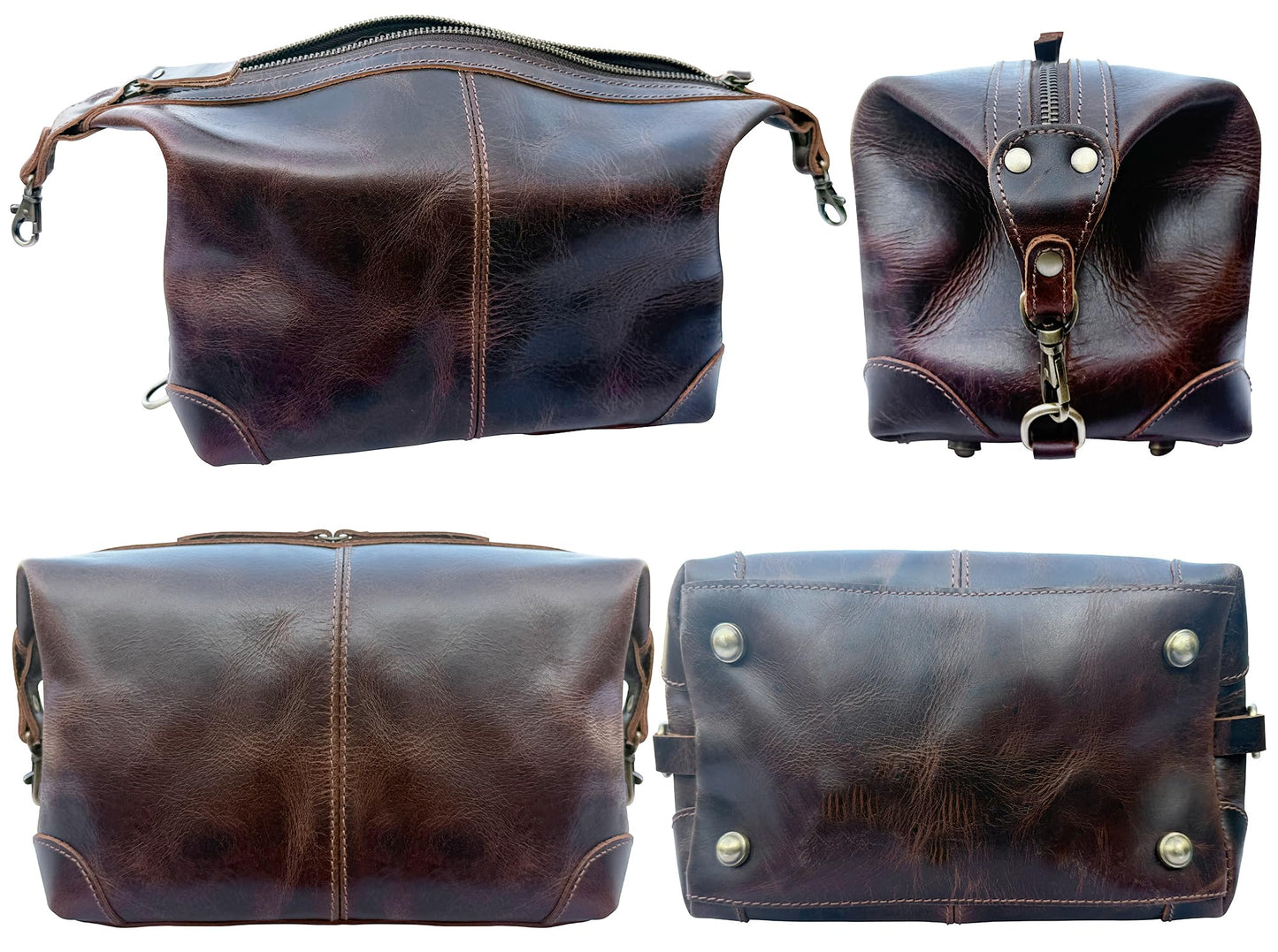 RUSTIC TOWN Full Grain Leather Toiletry Bag for Men & Women – Handcrafted Travel Dopp Kit – Large Water-Resistant Makeup & Shaving Organizer, Walnut Brown
