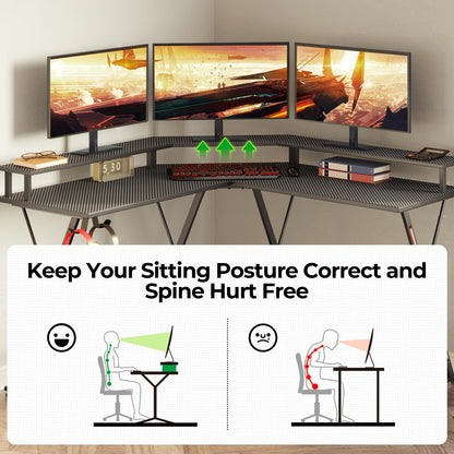 SEVEN WARRIOR L Shaped Gaming Desk with LED Lights & Power Outlets, 50.4” Computer Desk with Monitor Stand, Corner Desk with Carbon Fiber Surface, Gaming Table with Hooks, Black