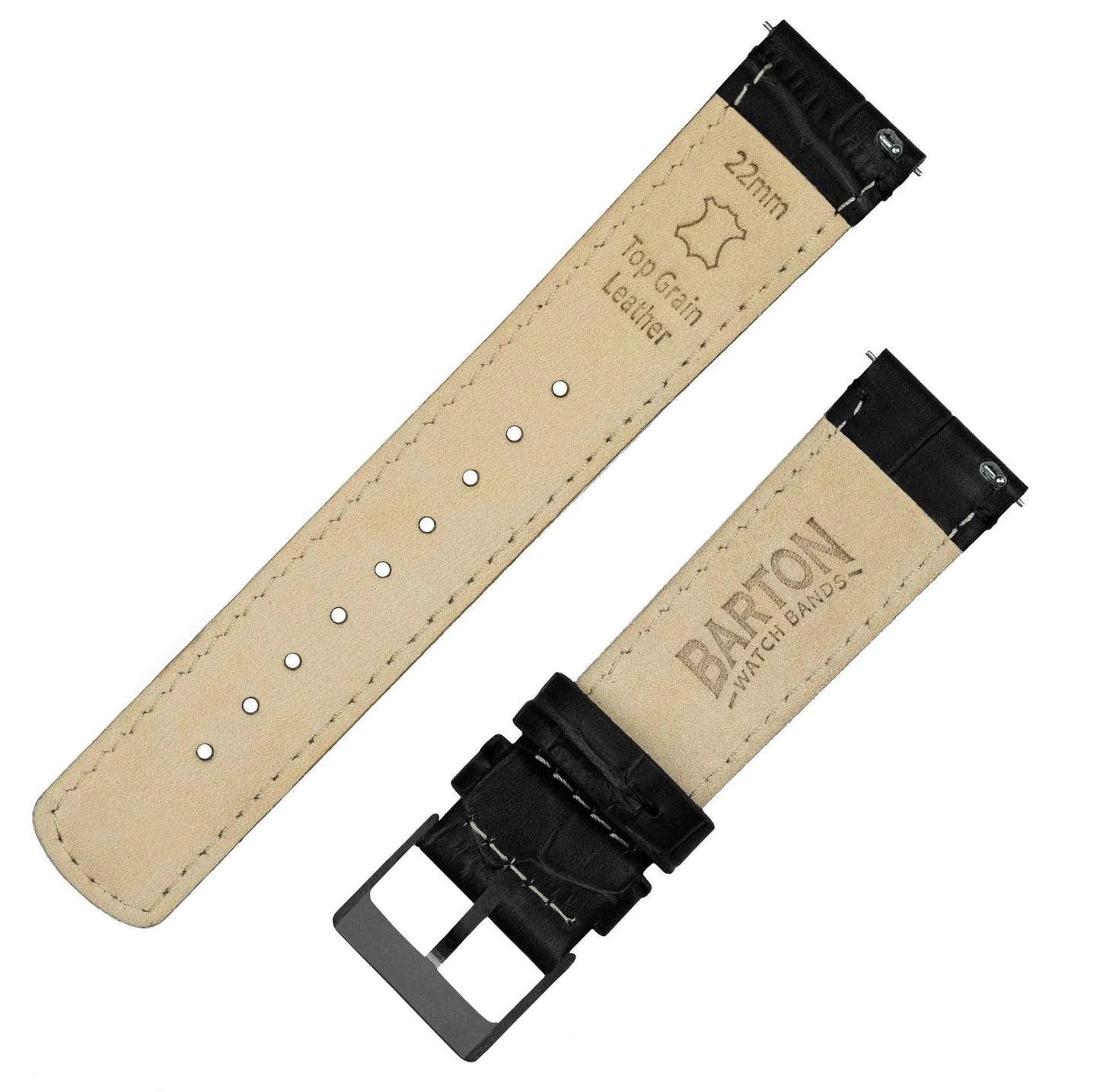 20mm Black - Standard Length - BARTON Alligator Grain - Gunmetal Grey Buckle Quick Release Leather Watch Bands