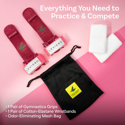 LEVIERO Gymnastics Grips Set, Grips for Gymnastics Girls, Dowel Grips with Soft Leather, Hook and Loop Wrist Straps, and Adjustable Finger Holes, for All Ages - (Pink, 2)