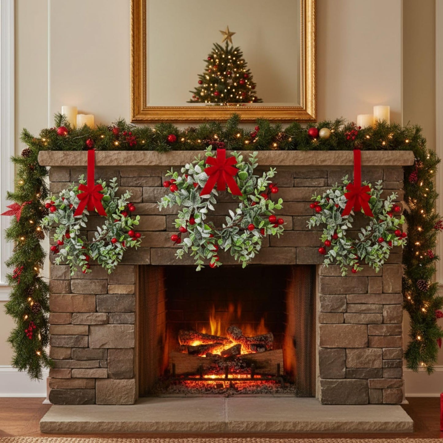 WILLBOND 8 Pieces 9.5" Mini Christmas Wreaths for Kitchen Cabinet Small Christmas Candle Rings Red Berries Wreath Pillar Candle Rings Xmas Hanging Garlands for Front Door Fireplace Window Decor