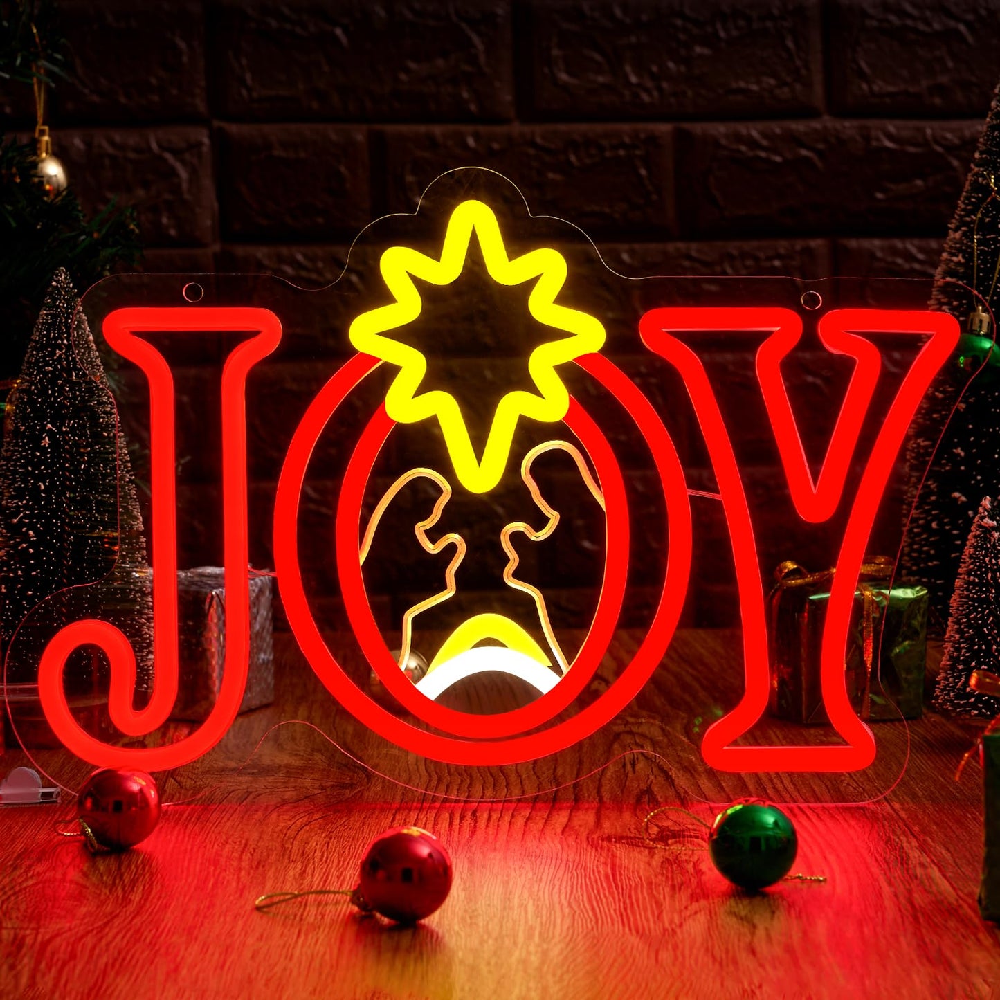 InnovTools Christmas Neon Sign, LED Joy Religious Neon Light, Dimmable Joy Nativity Scene Light up Christmas Sign for Window Decor, Xmas Lamp for Home Bedroom Wall Tree Hanging Decorations
