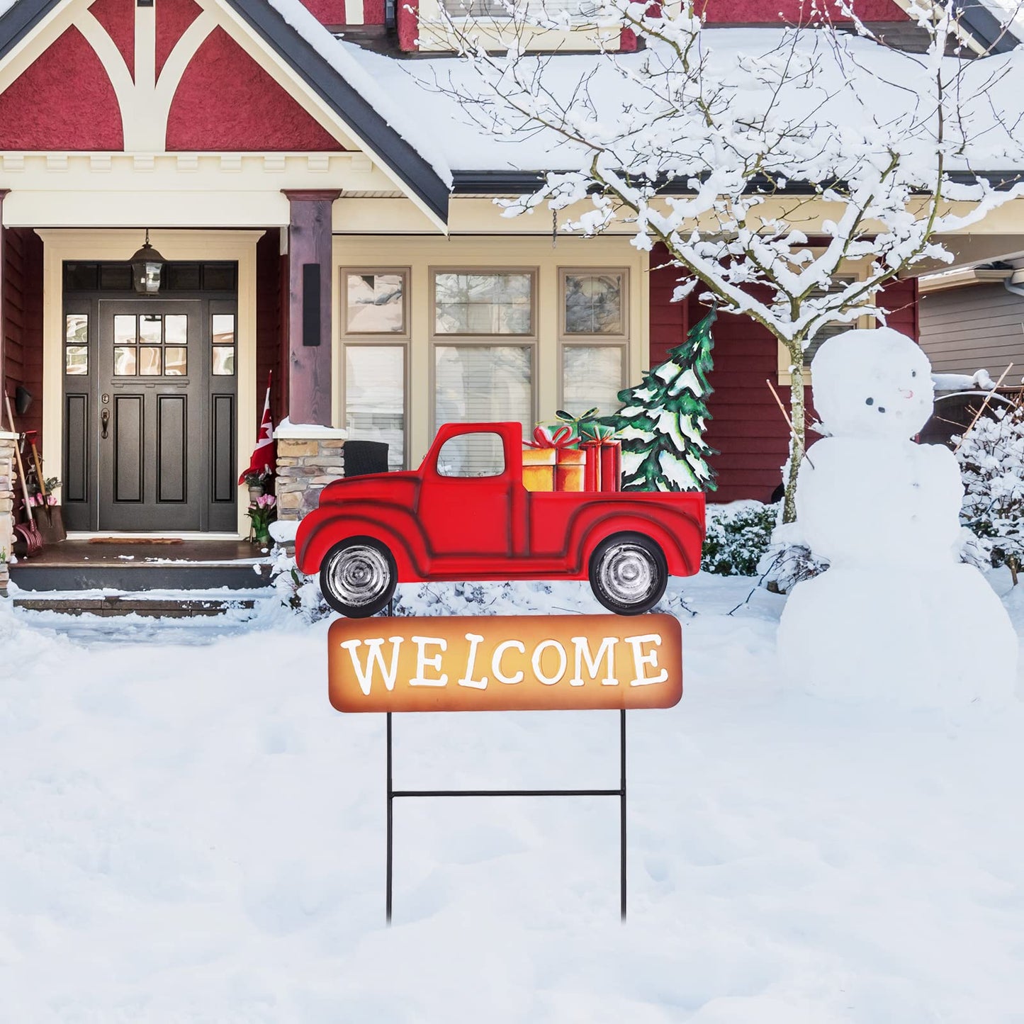 Whaline 4th of July Metal Yard Stakes Patriotic Welcome Interchangeable Garden Stake Red Truck Decor Set with Seasonal Sign Loads, Set of 9
