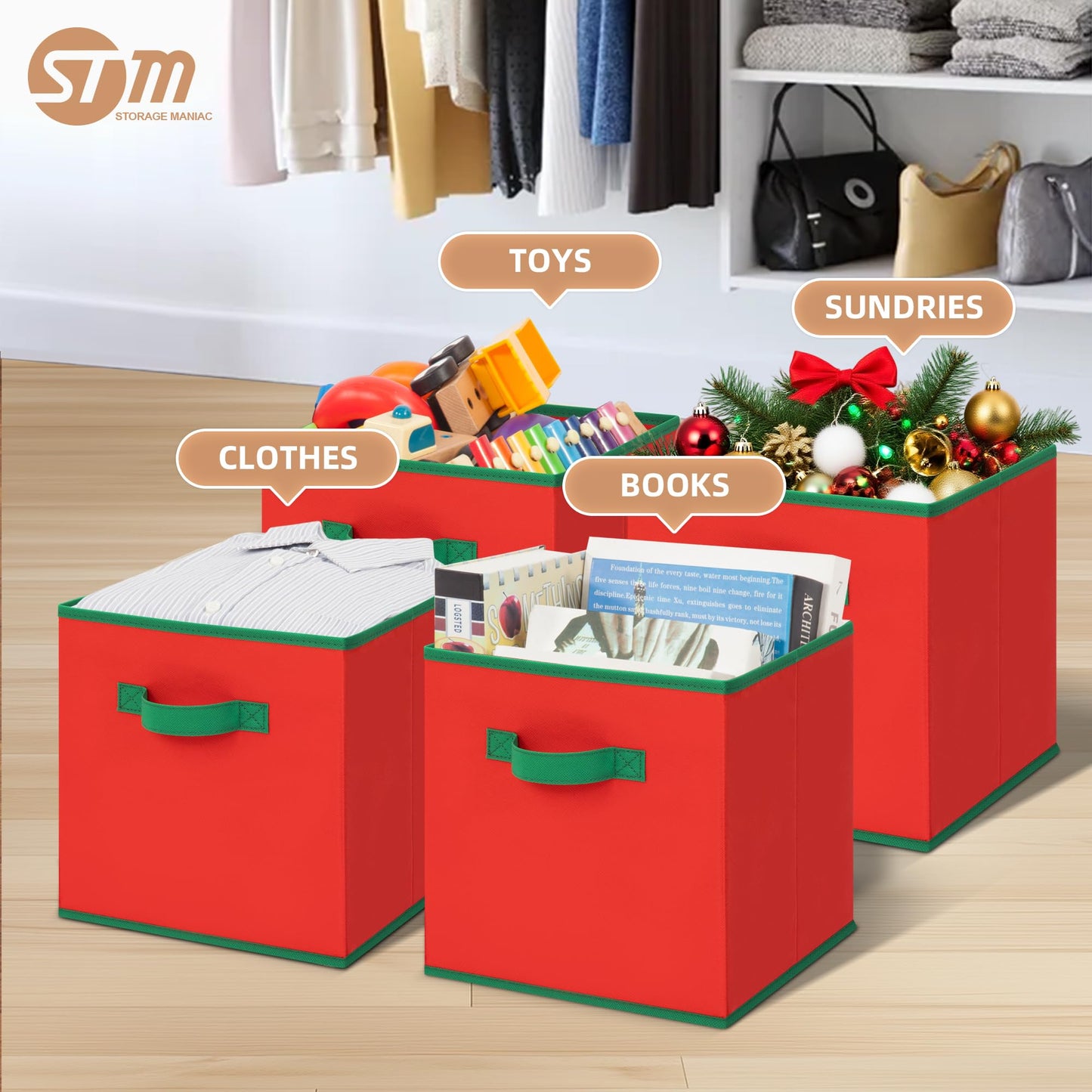 STORAGE MANIAC Storage Cubes, 11 Inch Durable 6 Pack Storage Shelf Basket for Christmas, Fabric Foldable Collapsible Bins with Handles for Organization, Closet, Shelves, Offices, Red
