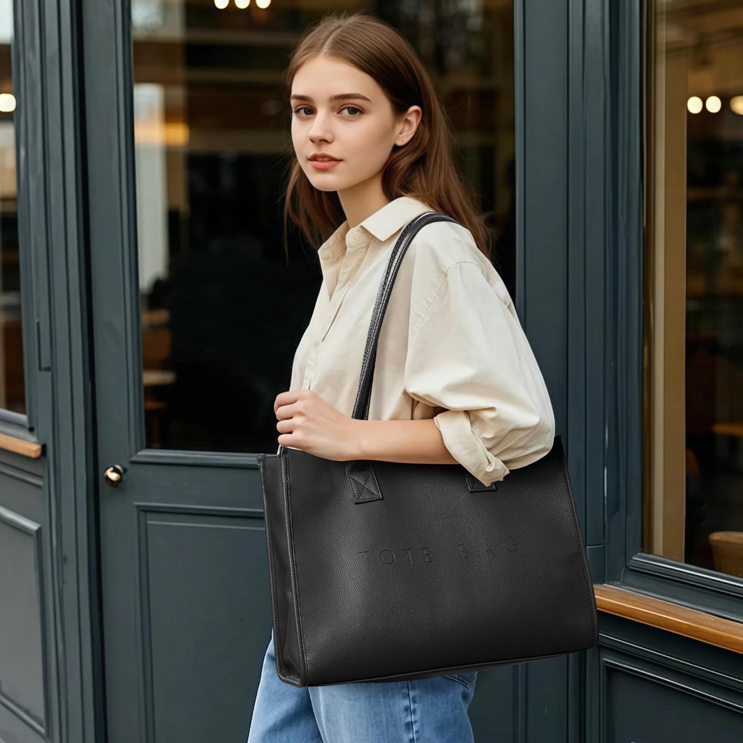 KALIDI Oversize Pu Leather Tote Bag Women Weekender Bag Shopper Handbags Purses with Top Handle