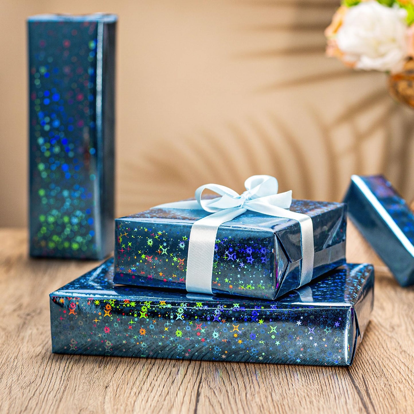 Merture Blue Holographic Wrapping Paper Roll, Blue Space Gift Wrap with Shining Galaxy Design for Birthday, Baby Shower, Christmas, Father's Day, Weeding - 17 In X 32.8 Ft (46.5 sq.ft.)