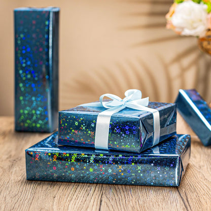 Merture Blue Holographic Wrapping Paper Roll, Blue Space Gift Wrap with Shining Galaxy Design for Birthday, Baby Shower, Christmas, Father's Day, Weeding - 17 In X 32.8 Ft (46.5 sq.ft.)
