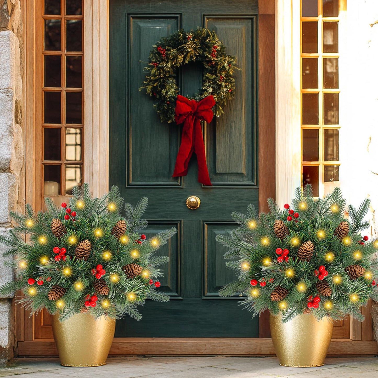 Lighted Artificial Christmas Urn Filler, 2 Pack Small Xmas Pine Tree Outdoor Decorations with Cones, Red Berries & 50 LED Lights, Light Up Planter Filler Decor for Porch Yard, Garden, Cemetery