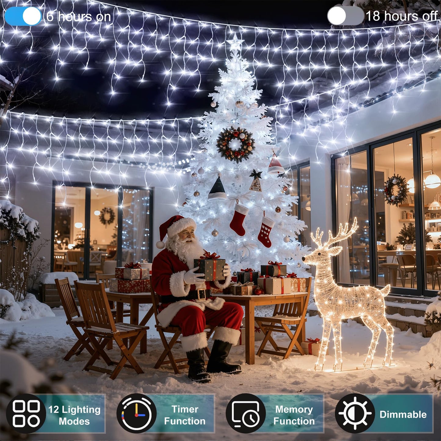810LED 82ft Christmas Lights, 180Drops 12 Modes Cool White Christmas String Lights Outdoor Dimmable, Waterproof Christmas Decoration Fairy Lights with Timer for Indoor Eaves Party Patio Window Fence