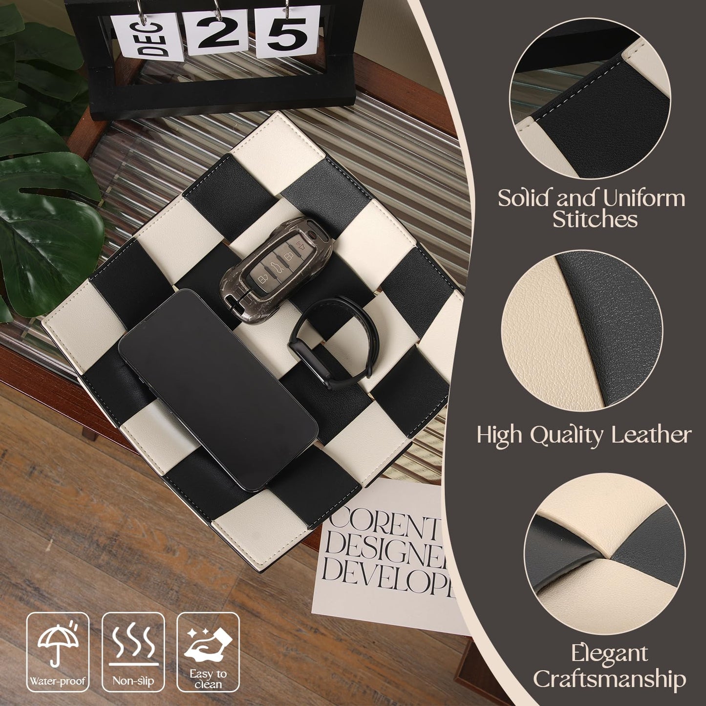 Valet Tray for Men Leather Key Tray for Entryway Table Bedside Nightstand, Desktop Organizer Catch-All for Wallet, Watch, Remote, Keys, Cell Phones, Checkerboard