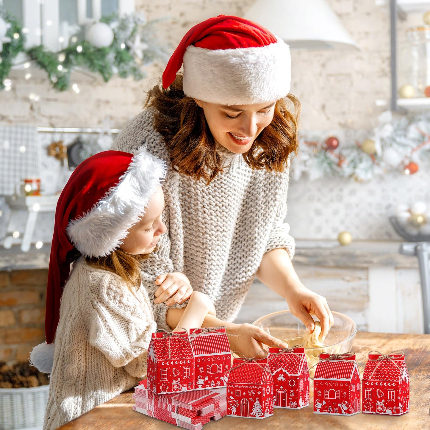 Zhanmai 48 Pcs Christmas Treat Boxes Candy Red Village Vintage Mini Gingerbread House Favor Box Christmas Party Paperboard Gift Boxes for Xmas Holiday Party Treat Cookie Goodie Snack Gift Packaging
