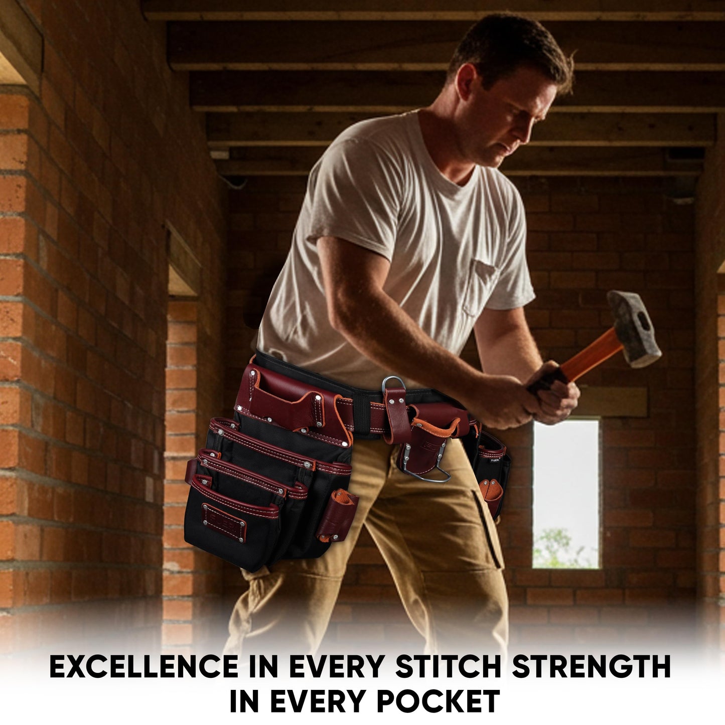 FUERI Professional Tool Belt With Bags Pouches for Men Nylon Leather Belts Carpenter Construction Electrician Framer Worker