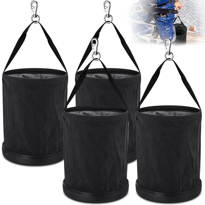 SilTriangle 4 Pack Canvas Bucket 15" x 12" Heavy Duty Lineman Tool Bag with Plastic Bottom & Metal Hook Electrician Tool Organizer for Jobsite Use, Load Rated up to 150 Pounds (Black)