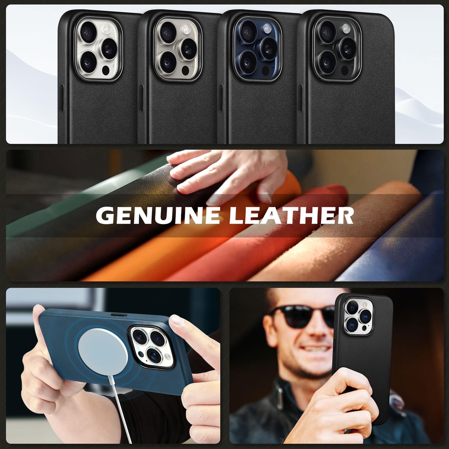 SHIELDON Genuine Leather Case for iPhone 15 Pro 6.1", Magnetic Wireless Charging - Slim Fit - Non-Slip - Metal Buttons - Shockproof Protective Phone Case Compatible with iPhone 15 Pro 2023 - Black