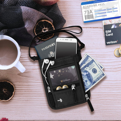 WALNEW Passport Holder Neck Pouch Travel Wallet for Women and Men, RFID Blocking Security Slim Traveling Wallet with Around Neck Lanyard Strap, Black