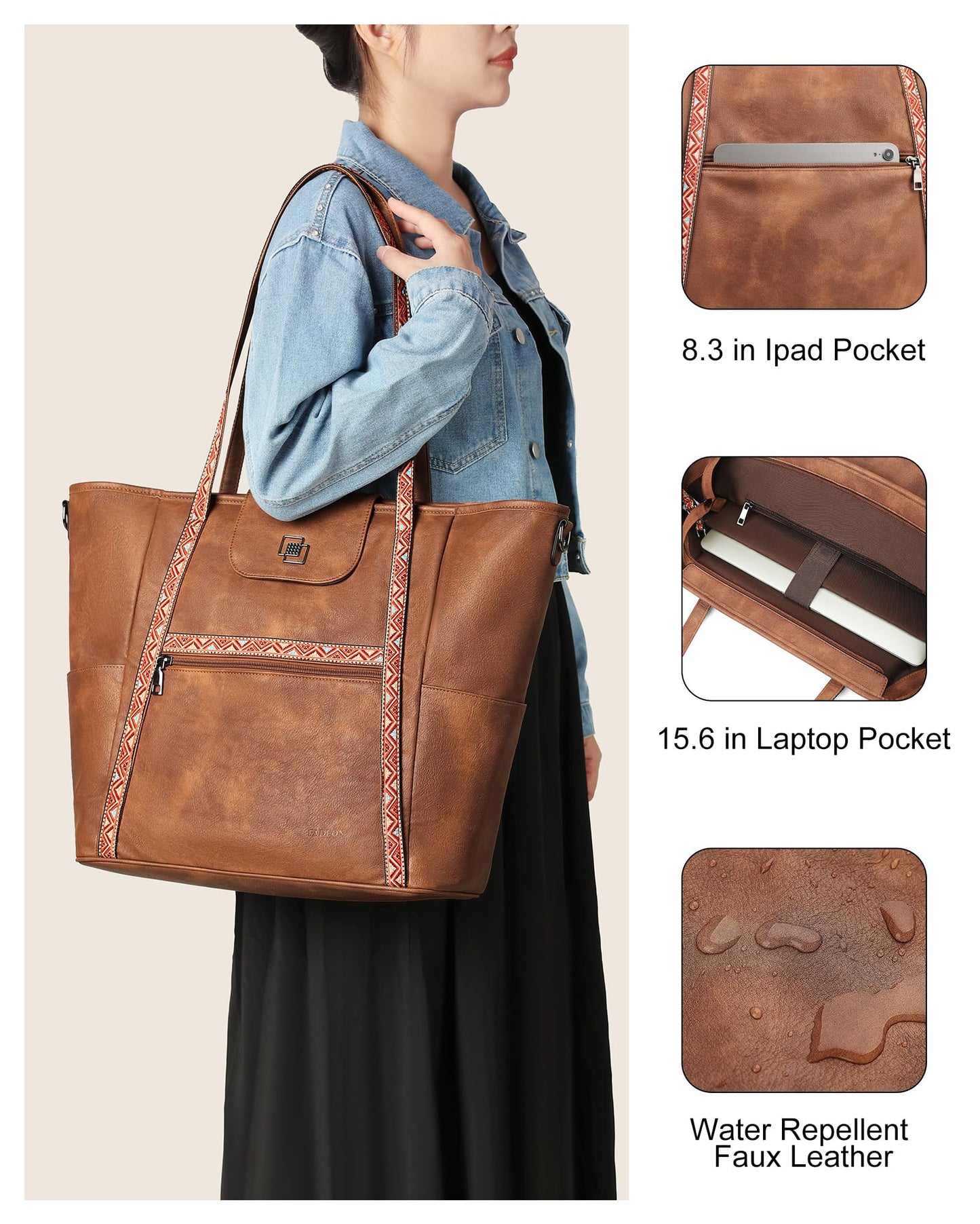 FADEON Large Laptop Tote Bag for Women Designer Leather Laptop Bag Fashion Travel Backpack Purse Shoulder Handbag Purple