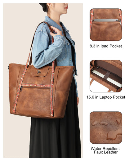 FADEON Large Laptop Tote Bag for Women Designer Leather Laptop Bag Fashion Travel Backpack Purse Shoulder Handbag Purple