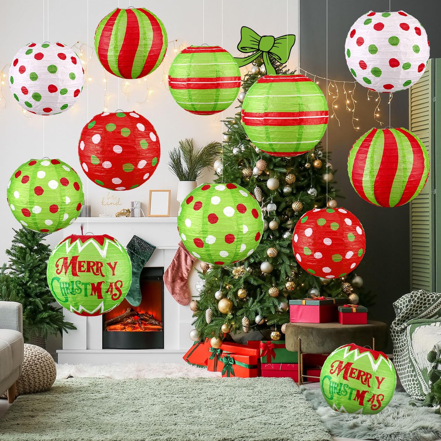 Glooglitter 18 Pcs Red Green Paper Lantern Round Christmas Paper Decorations Lime Green Hanging Balls Swirl Candy Cane Ceiling Hanging Decor for Holiday Party Xmas Home